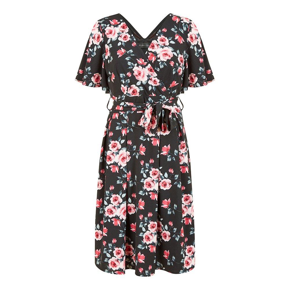 Black - Mela London - Women's Black Floral Wrap Skater Dress - 1