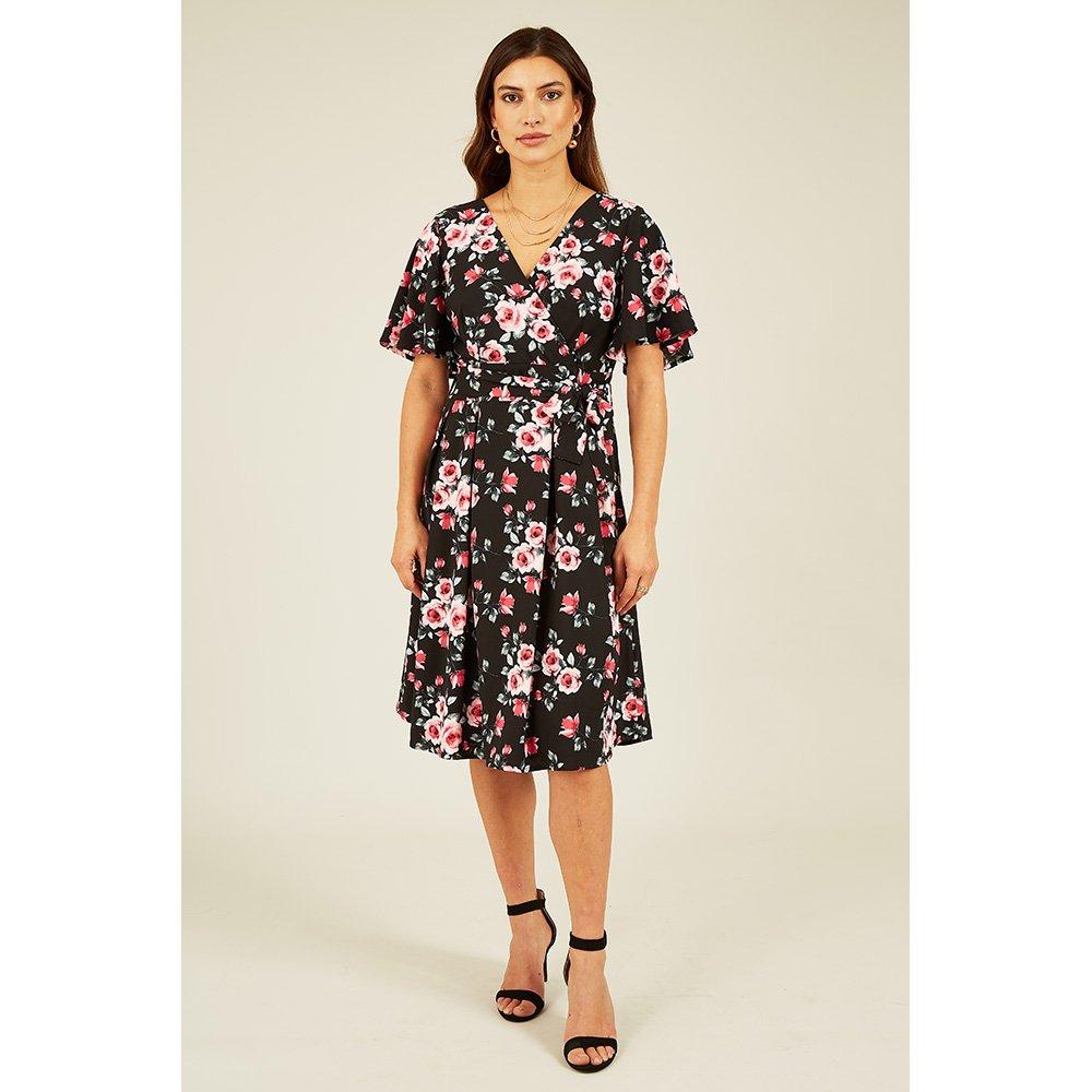 Black - Mela London - Women's Black Floral Wrap Skater Dress - 2