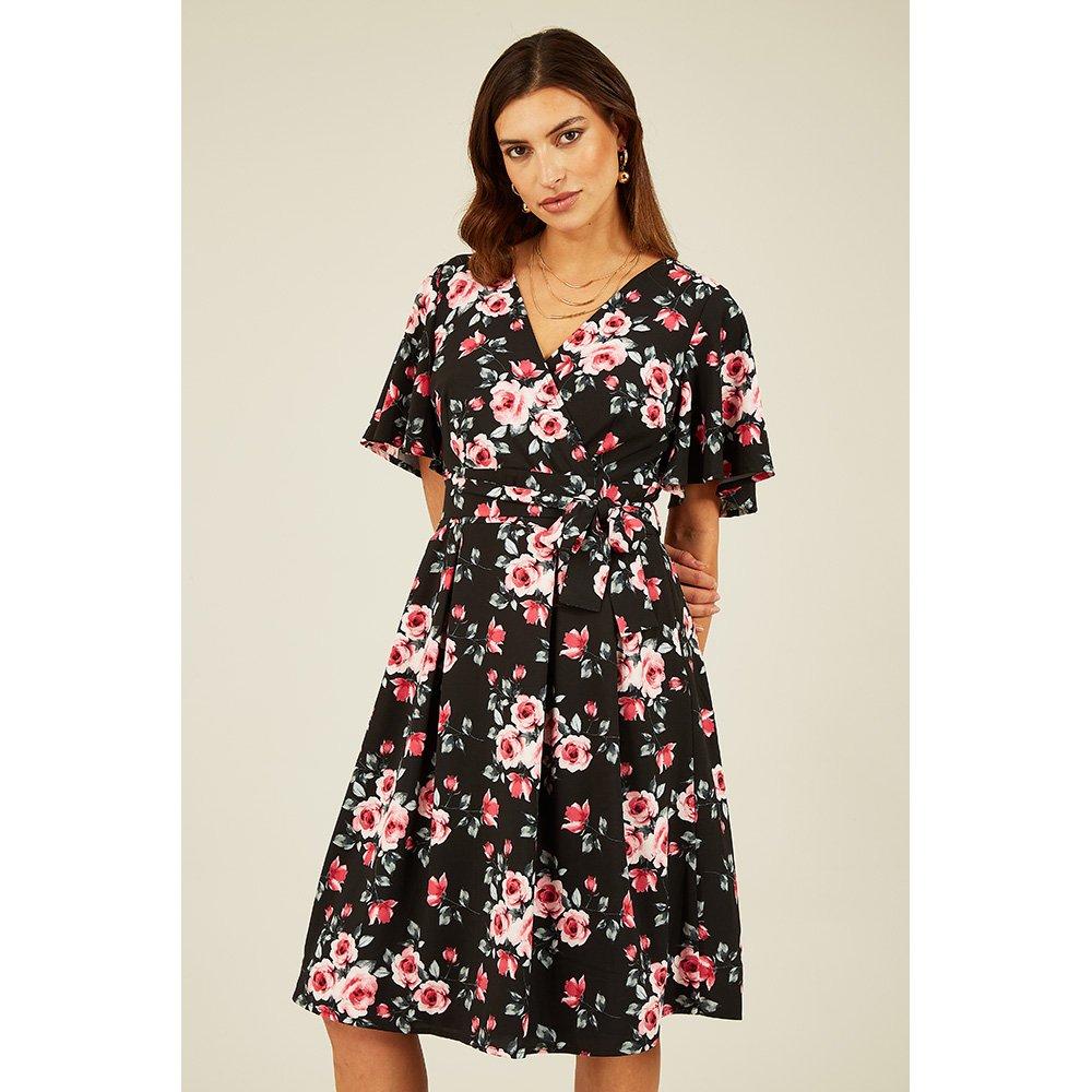 Black - Mela London - Women's Black Floral Wrap Skater Dress - 3