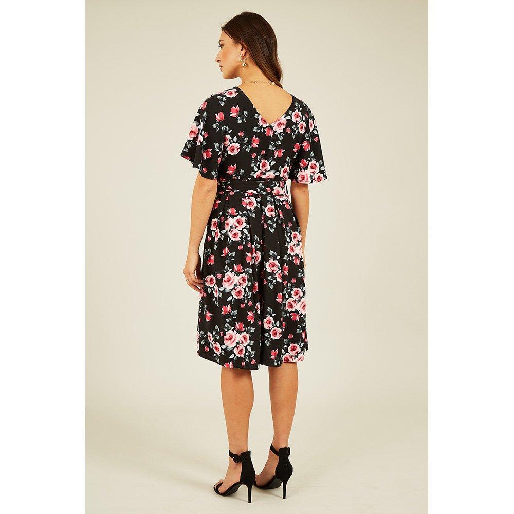 Black - Mela London - Women's Black Floral Wrap Skater Dress - 4