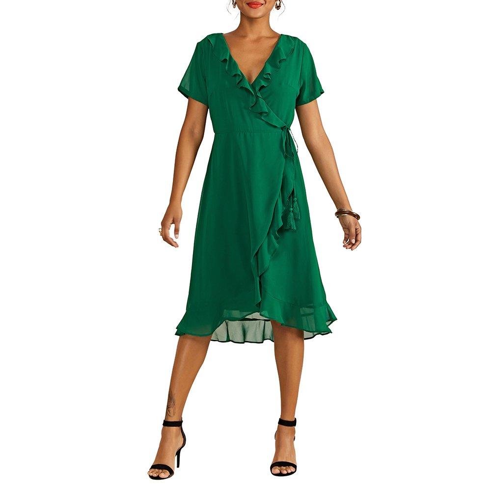Green - Yumi - Women's Green Frill Wrap Dress - 2