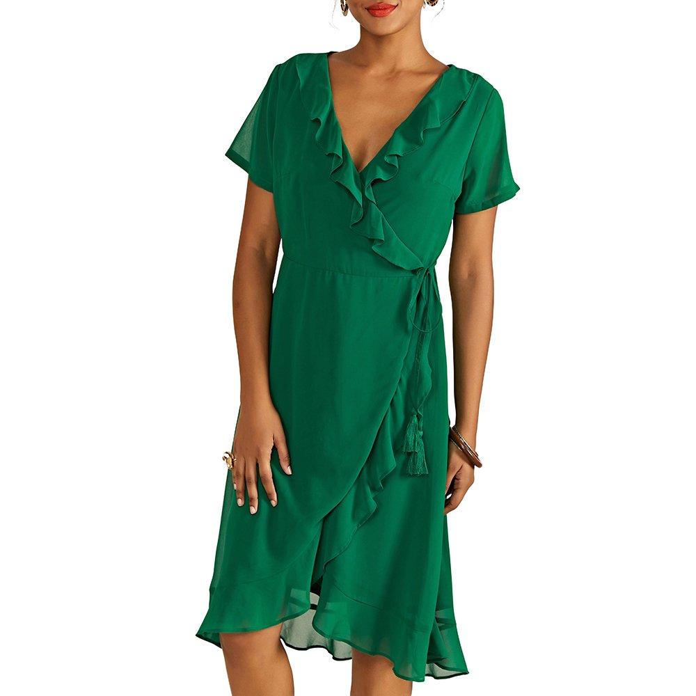 Green - Yumi - Women's Green Frill Wrap Dress - 3