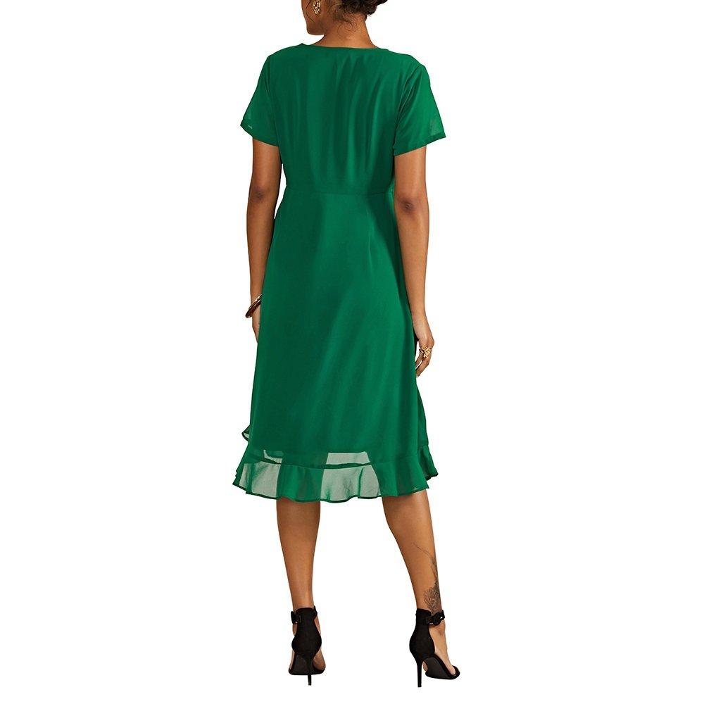 Green - Yumi - Women's Green Frill Wrap Dress - 4