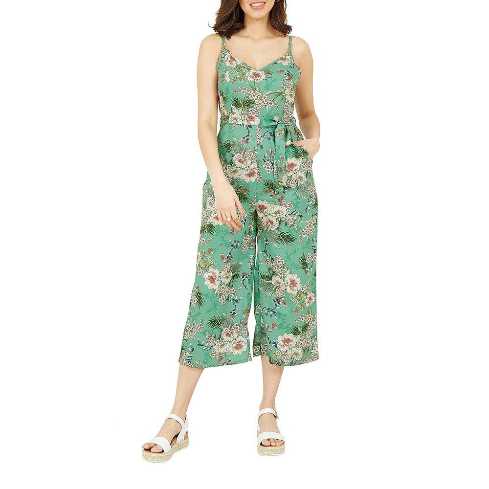 Sage Green - Yumi - Women's Sage Green Tropical Palm Print Jumpsuits - 2