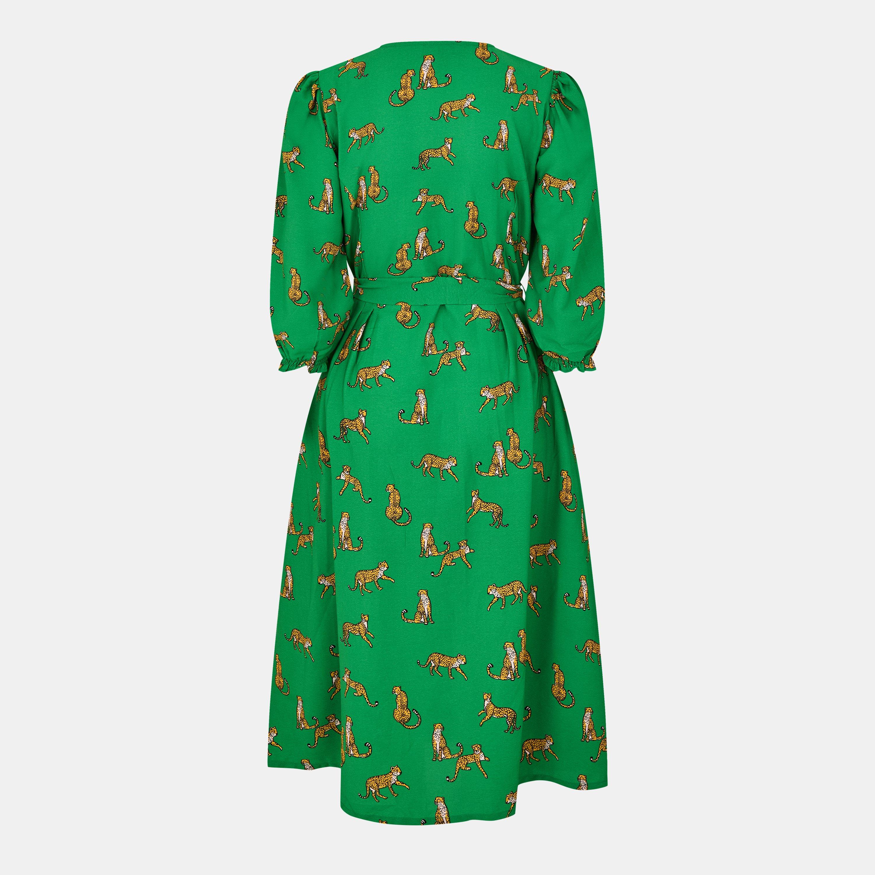 Green - Yumi - Yumi Cheetah Print Midi Shirt Dress - 2