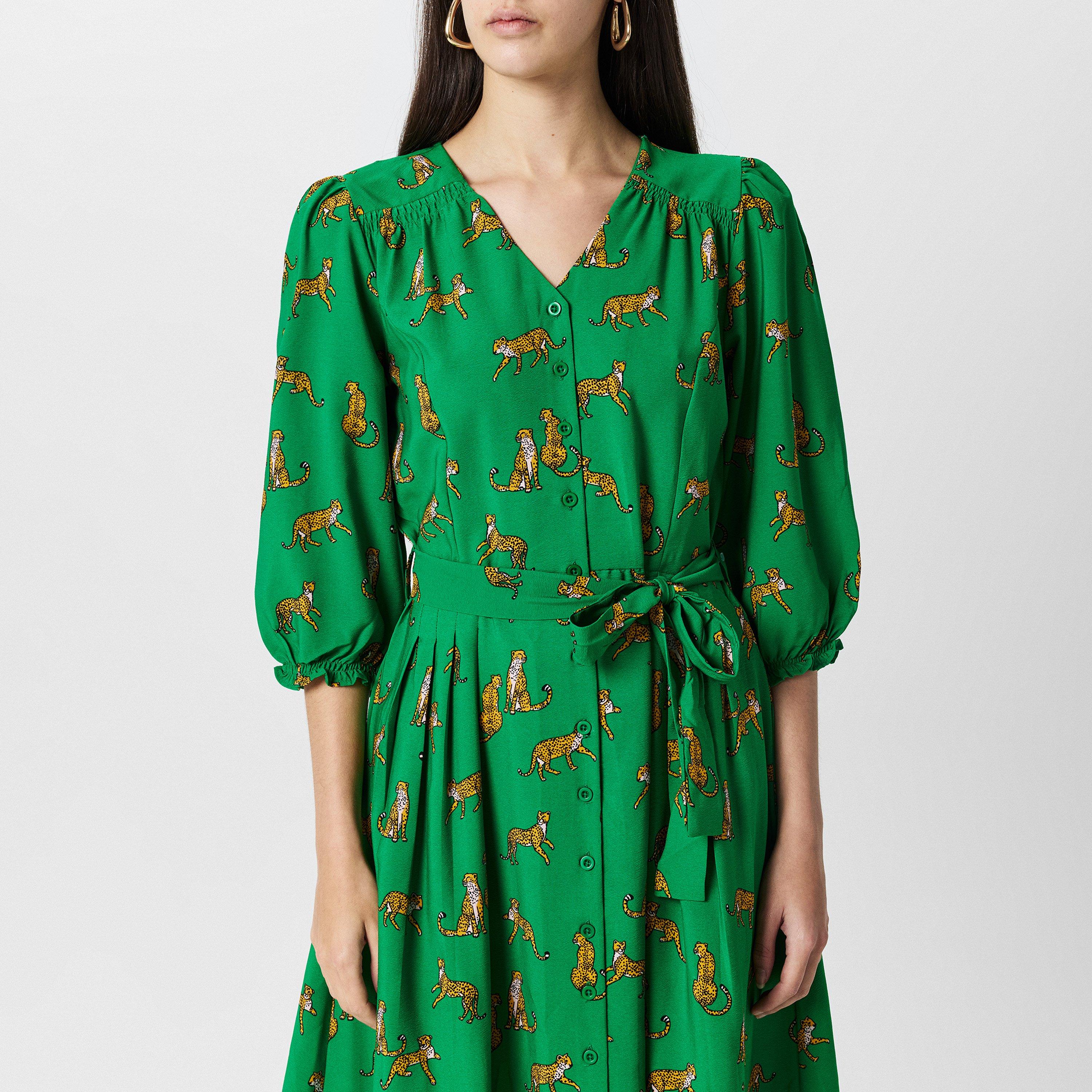 Green - Yumi - Yumi Cheetah Print Midi Shirt Dress - 3