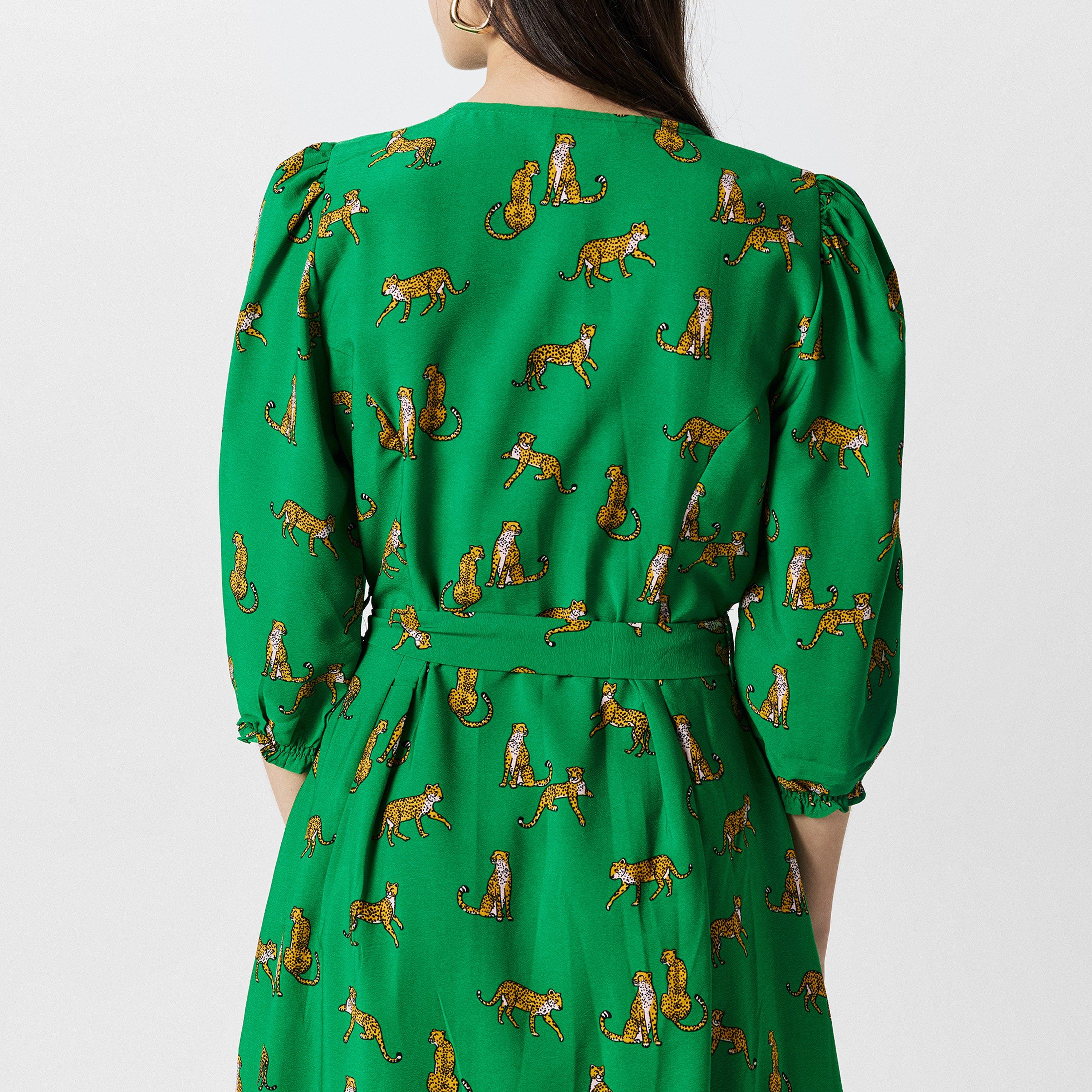 Green - Yumi - Yumi Cheetah Print Midi Shirt Dress - 4