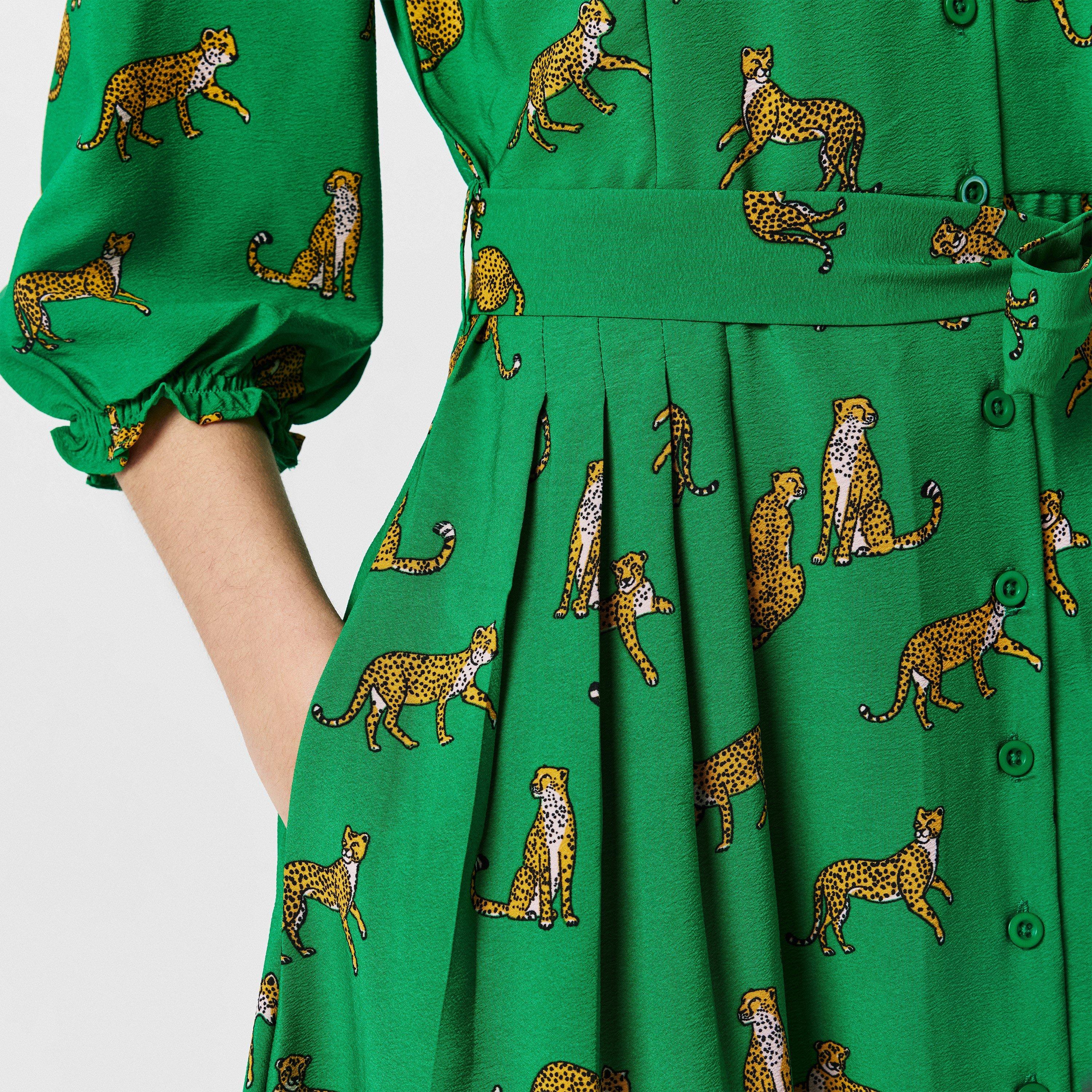 Green - Yumi - Yumi Cheetah Print Midi Shirt Dress - 5