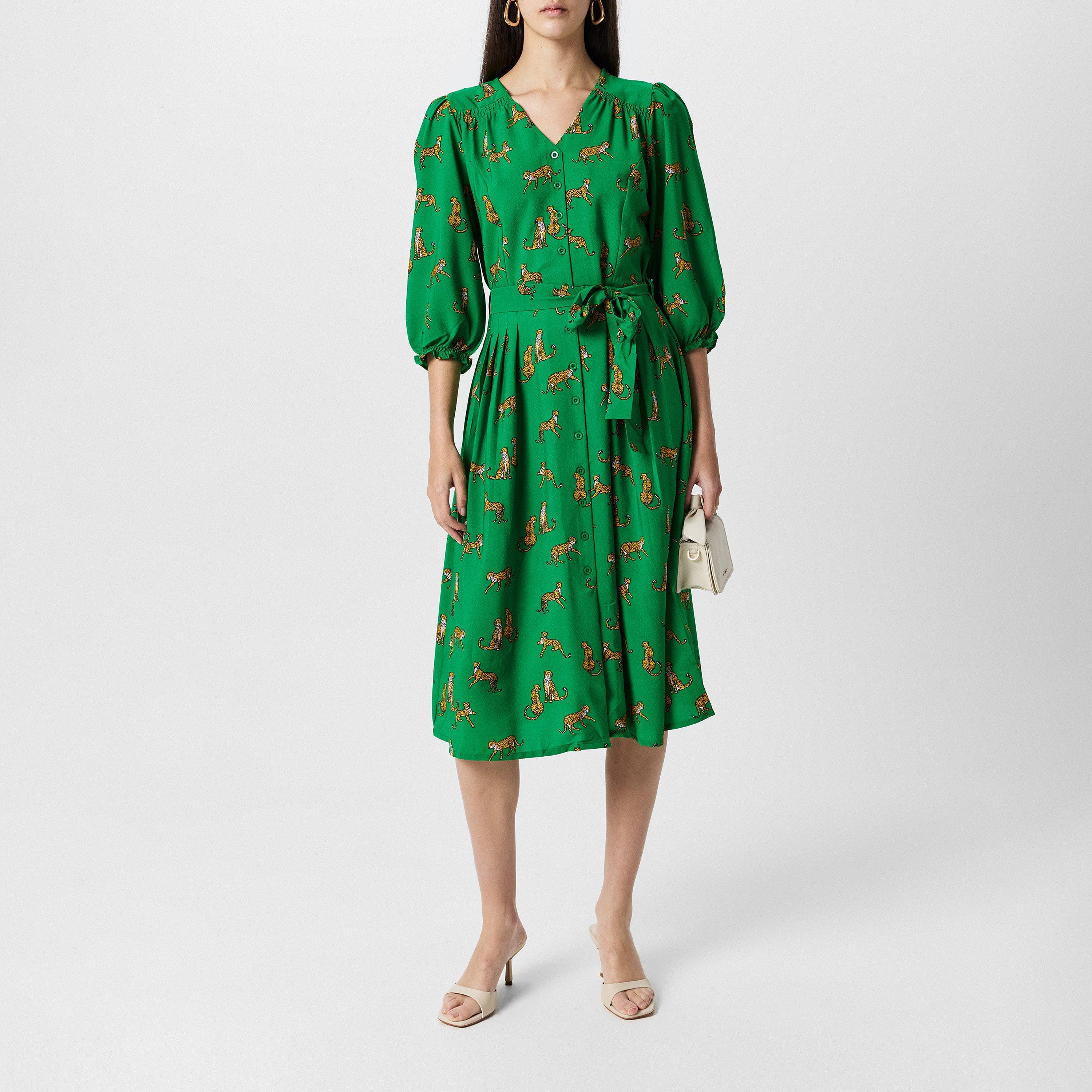 Green - Yumi - Yumi Cheetah Print Midi Shirt Dress - 6