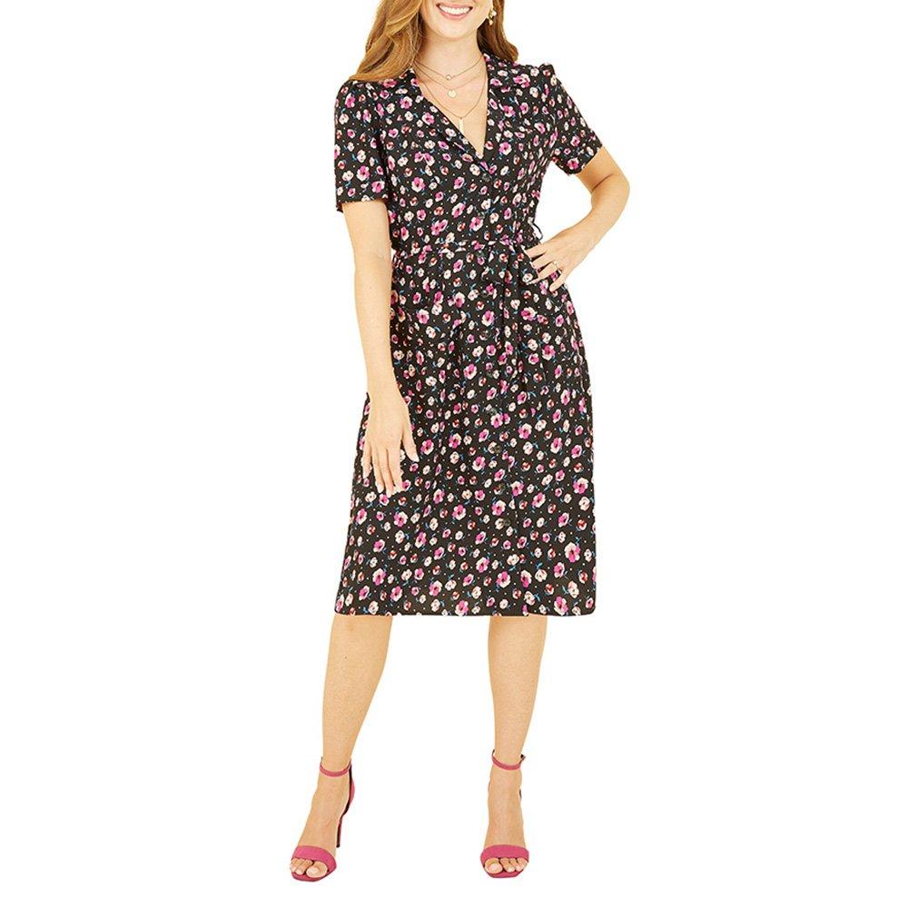 Floral - Yumi - Women's Black Floral Retro Shirt Dress - 2