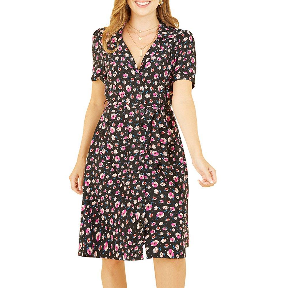 Floral - Yumi - Women's Black Floral Retro Shirt Dress - 3