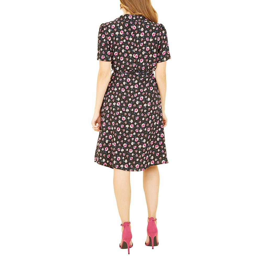 Floral - Yumi - Women's Black Floral Retro Shirt Dress - 4