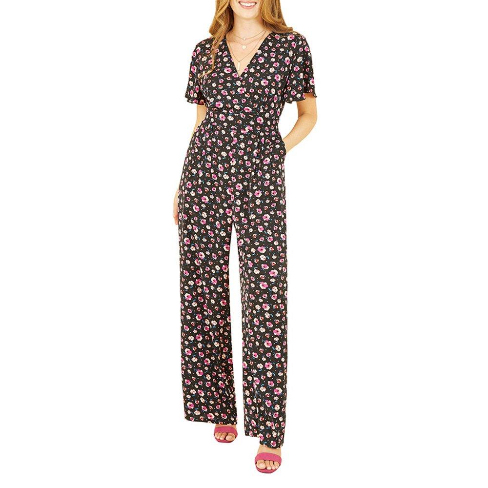 Floral - Yumi - Women's Black Floral Angel Sleeve Jumpsuit - 2