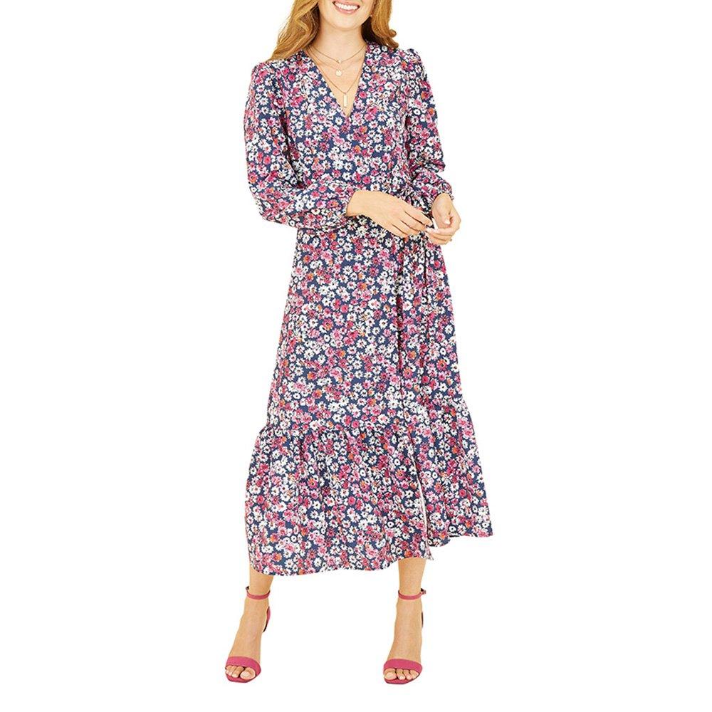 Pink - Yumi - Women's Green Daisy Print Midi Wrap Dress - 2