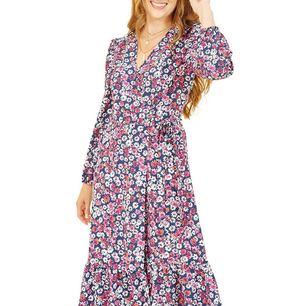 Pink - Yumi - Women's Green Daisy Print Midi Wrap Dress - 3