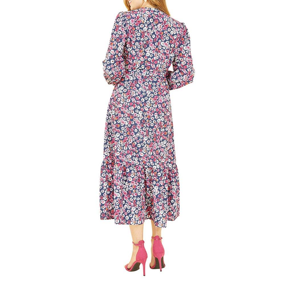 Pink - Yumi - Women's Green Daisy Print Midi Wrap Dress - 4