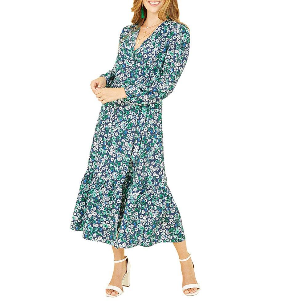 Green - Yumi - Women's Green Daisy Print Midi Wrap Dress - 2