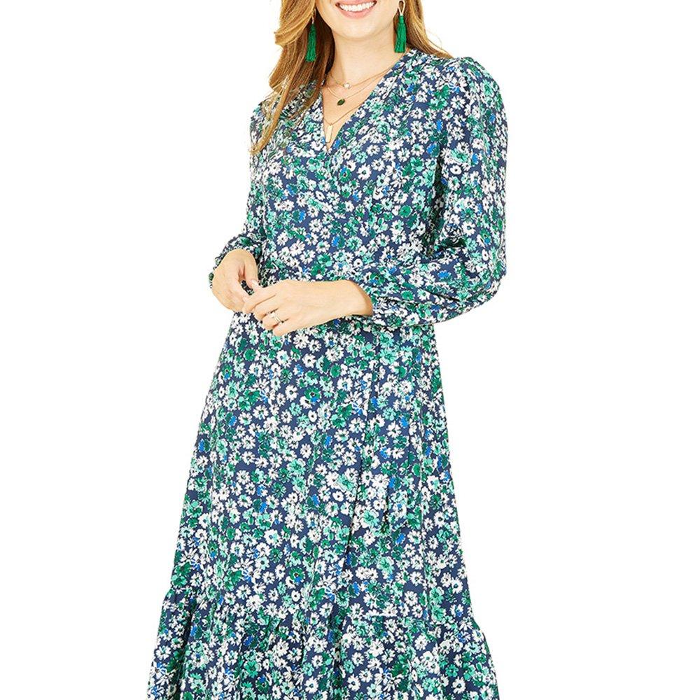 Green - Yumi - Women's Green Daisy Print Midi Wrap Dress - 3