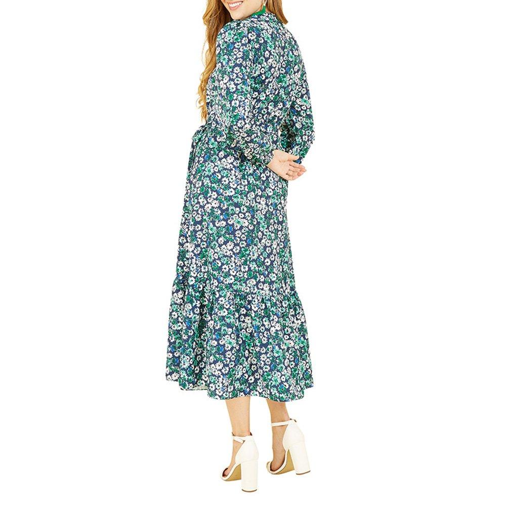 Green - Yumi - Women's Green Daisy Print Midi Wrap Dress - 4