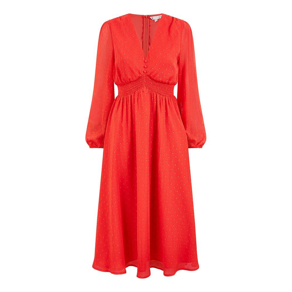 Red - Yumi - Women's Red Metallic Dobby Midi Swing Dress - 1