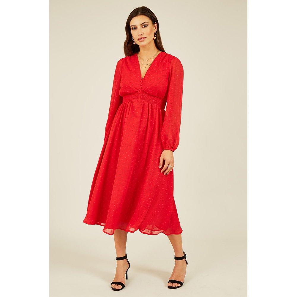 Red - Yumi - Women's Red Metallic Dobby Midi Swing Dress - 2