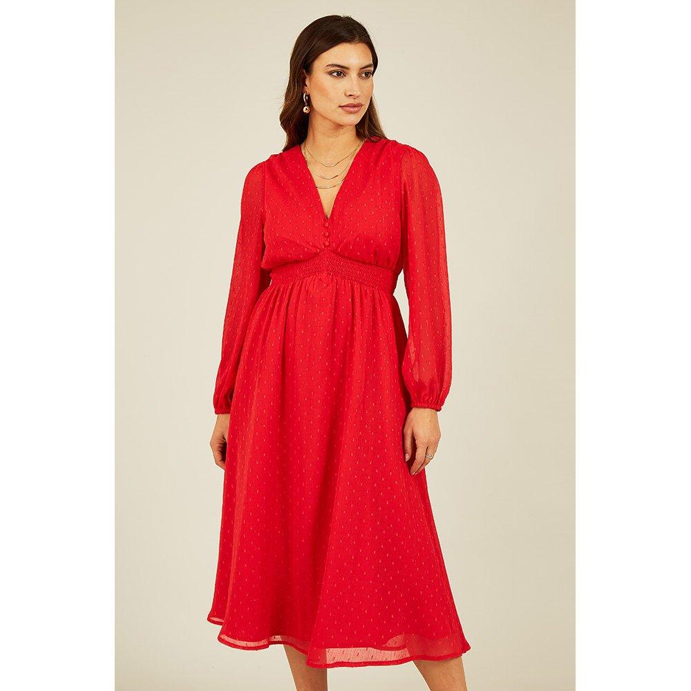 Red - Yumi - Women's Red Metallic Dobby Midi Swing Dress - 3