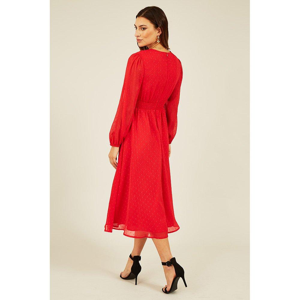 Red - Yumi - Women's Red Metallic Dobby Midi Swing Dress - 4