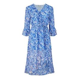 Yumi Yumi Blue Floral 3/4 Sleeve Frill Wrap Dress