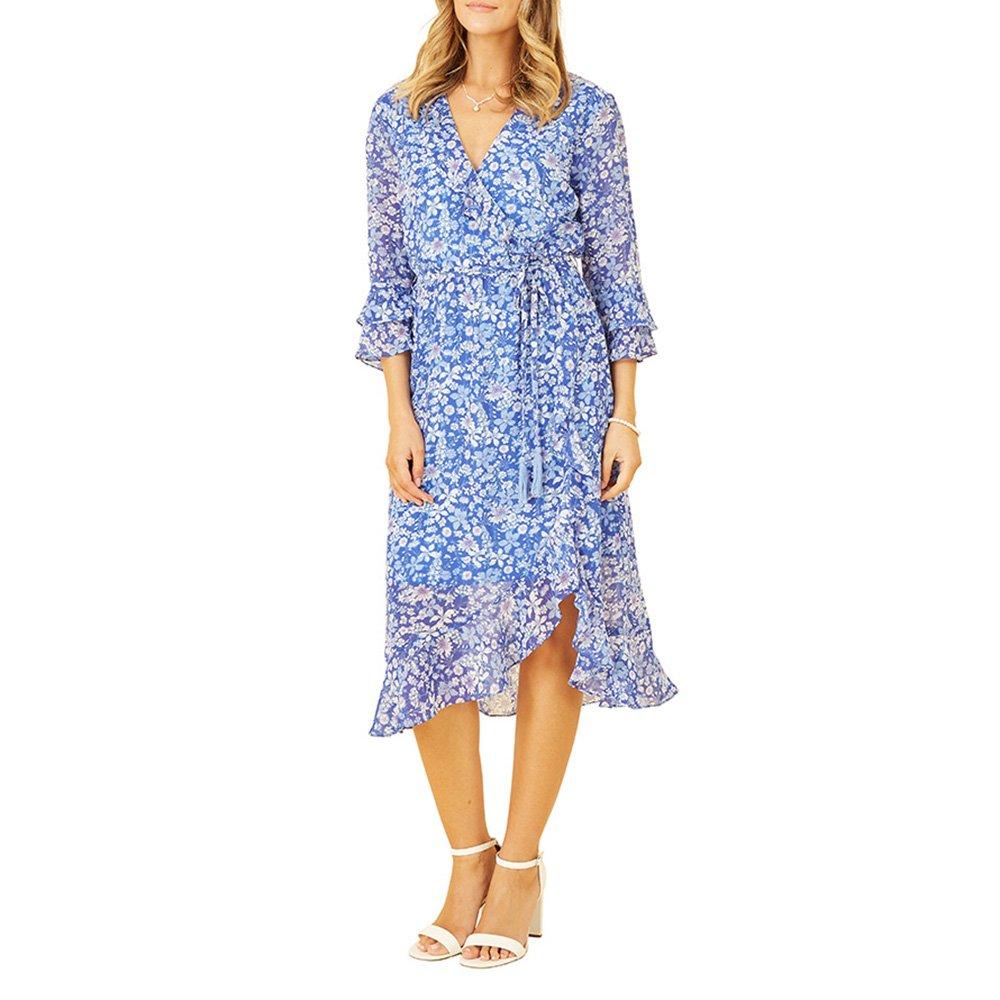 Blue - Yumi - Women's Blue Floral Frill Wrap Dress - 2