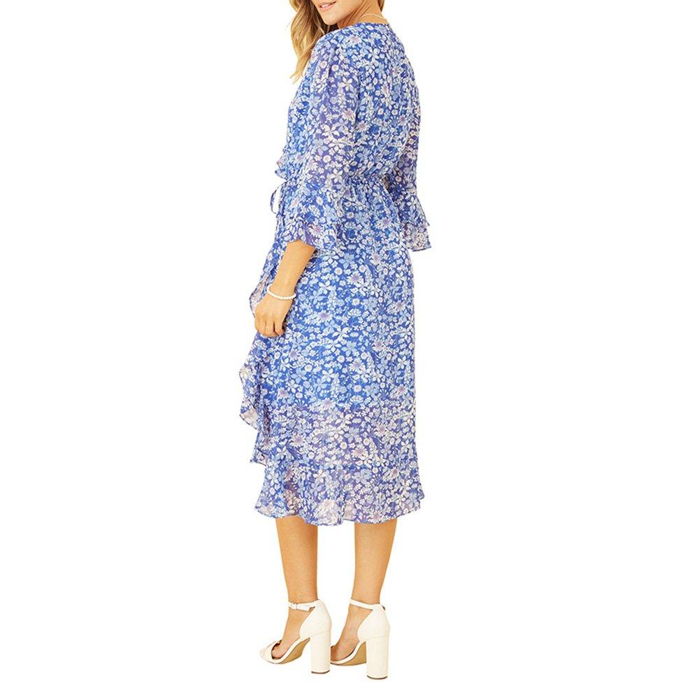 Blue - Yumi - Women's Blue Floral Frill Wrap Dress - 4