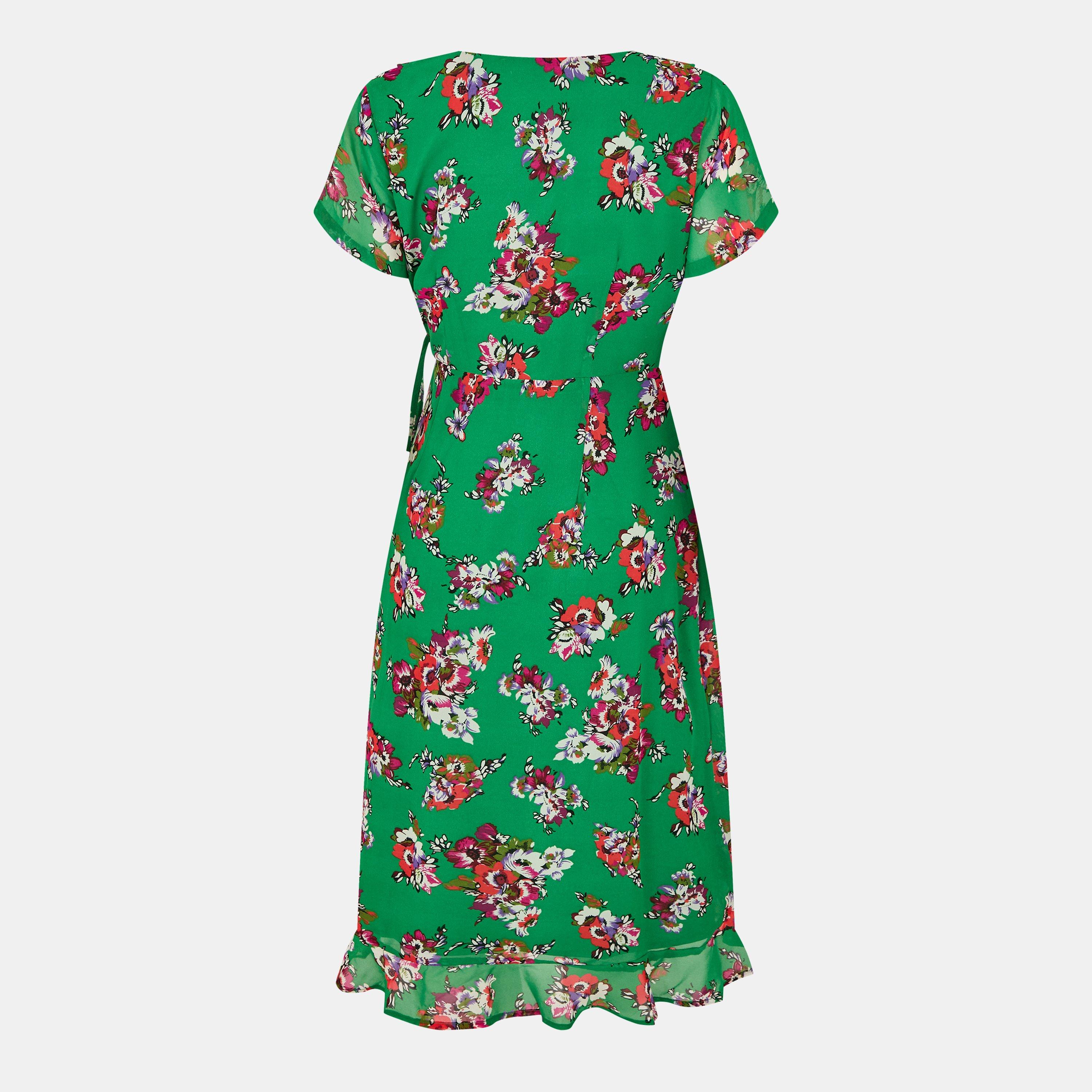 Green - Yumi - Yumi Floral Frill Wrap Midi Dress - 2