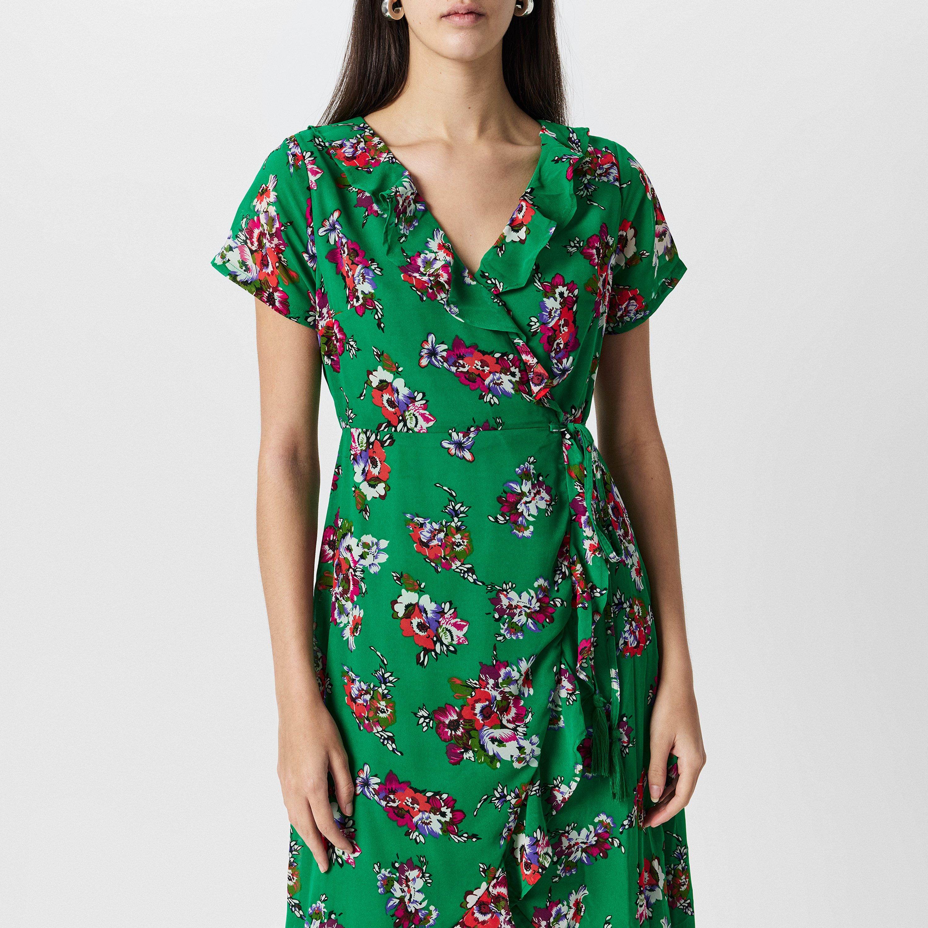 Green - Yumi - Yumi Floral Frill Wrap Midi Dress - 3