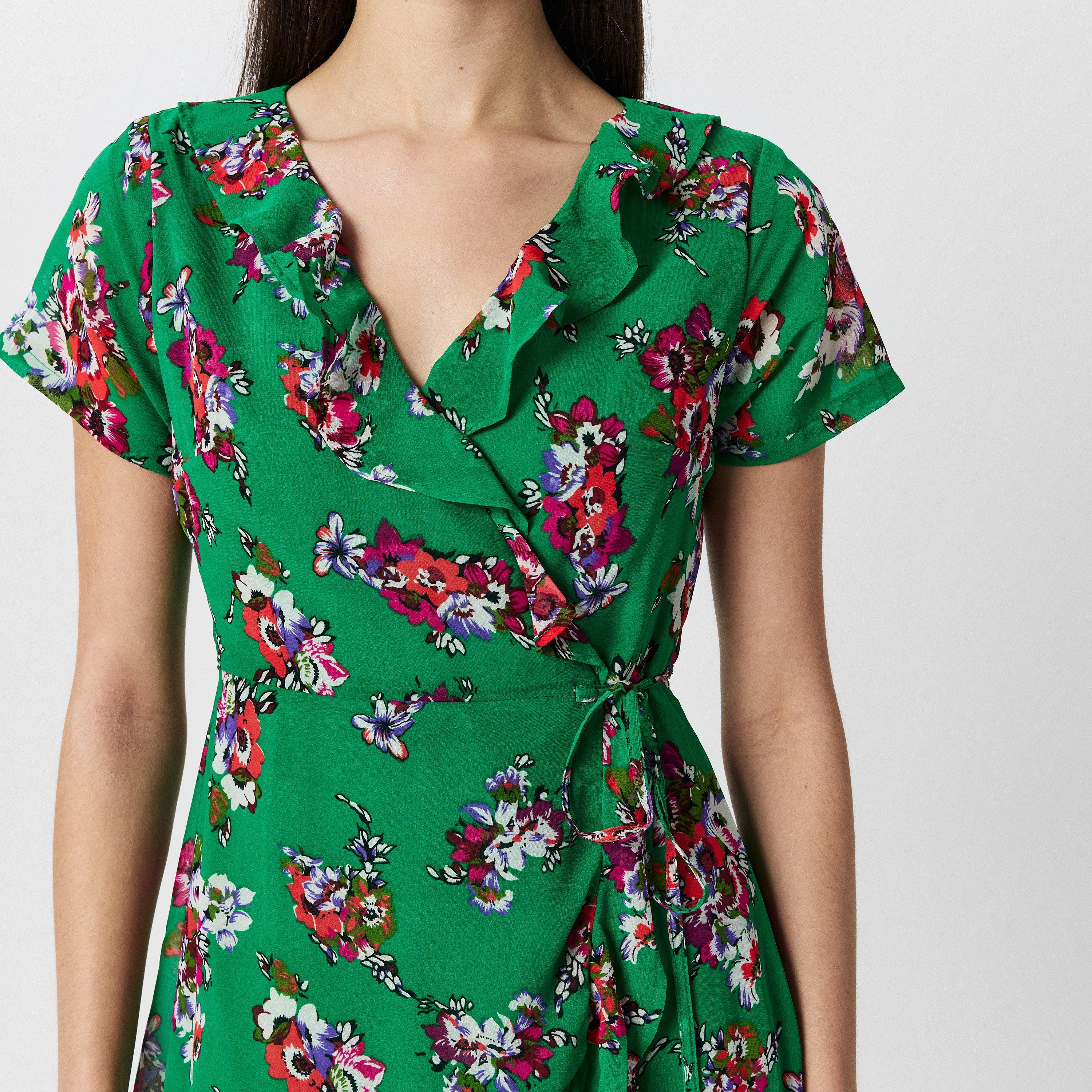 Green - Yumi - Yumi Floral Frill Wrap Midi Dress - 5