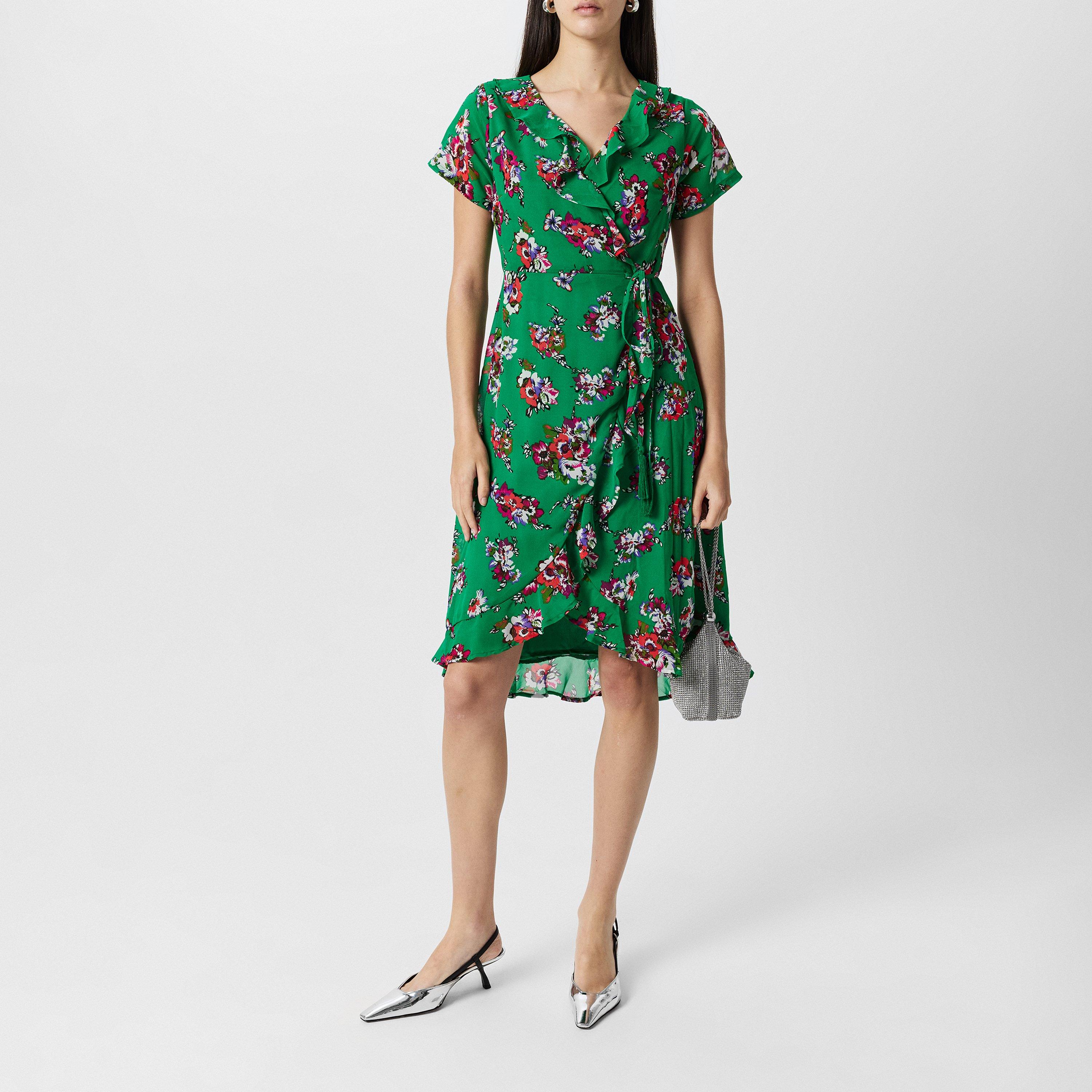 Green - Yumi - Yumi Floral Frill Wrap Midi Dress - 6