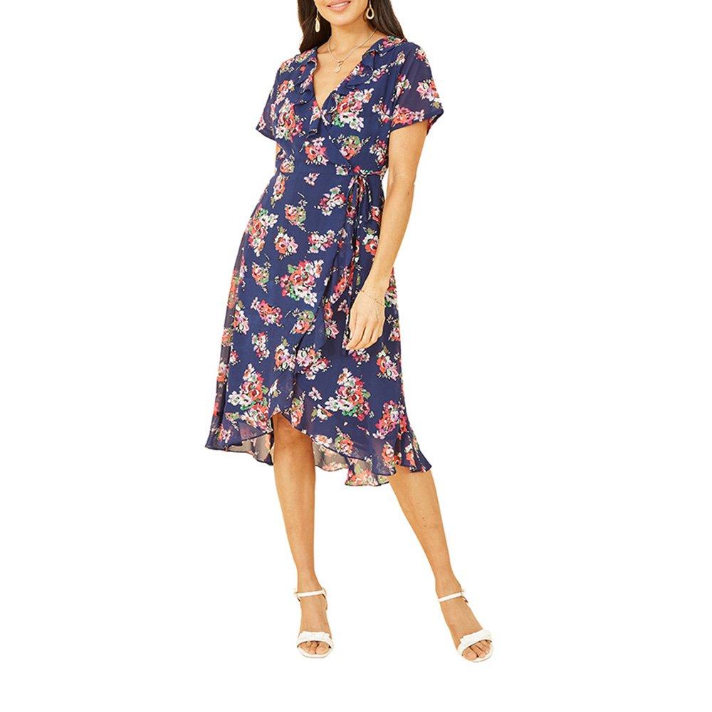 Navy - Yumi - Yumi Floral Frill Wrap Midi Dress - 2