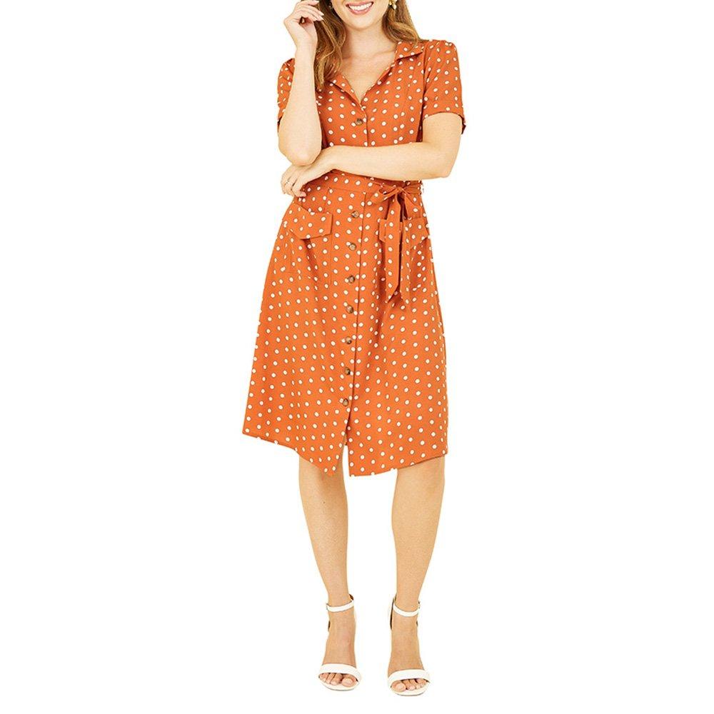 Burnt Orange - Yumi - Orange Spot Retro Shirt Dress - 2