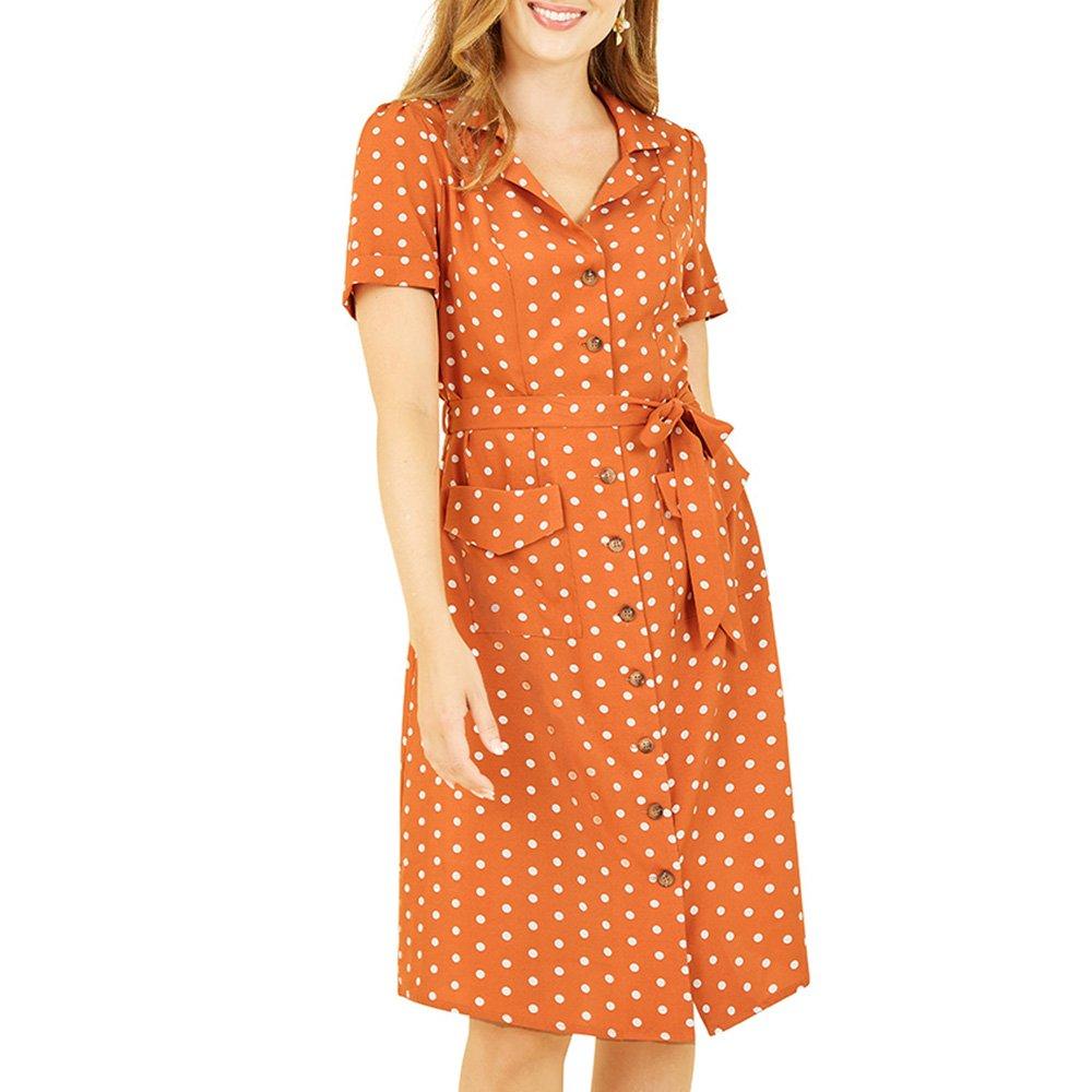 Burnt Orange - Yumi - Orange Spot Retro Shirt Dress - 3