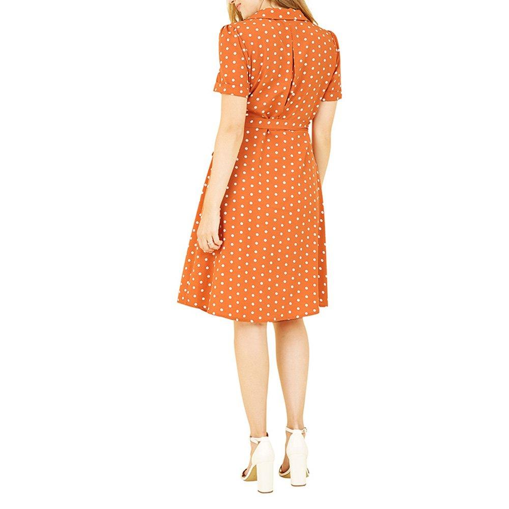 Burnt Orange - Yumi - Orange Spot Retro Shirt Dress - 4