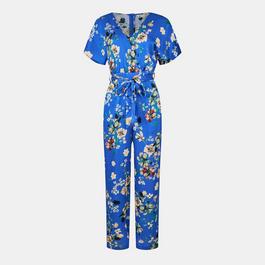 Yumi Yumi Blue Satin Floral Wrap Jumpsuit