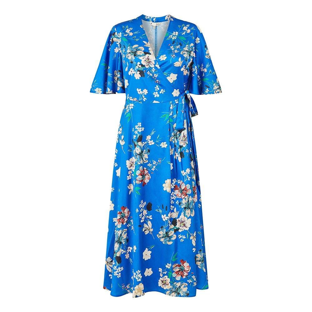 Blue Satin - Yumi - Women's Blue Floral Satin Wrap Dress - 1