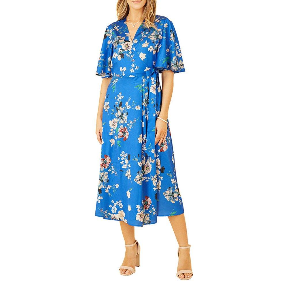 Blue Satin - Yumi - Women's Blue Floral Satin Wrap Dress - 2