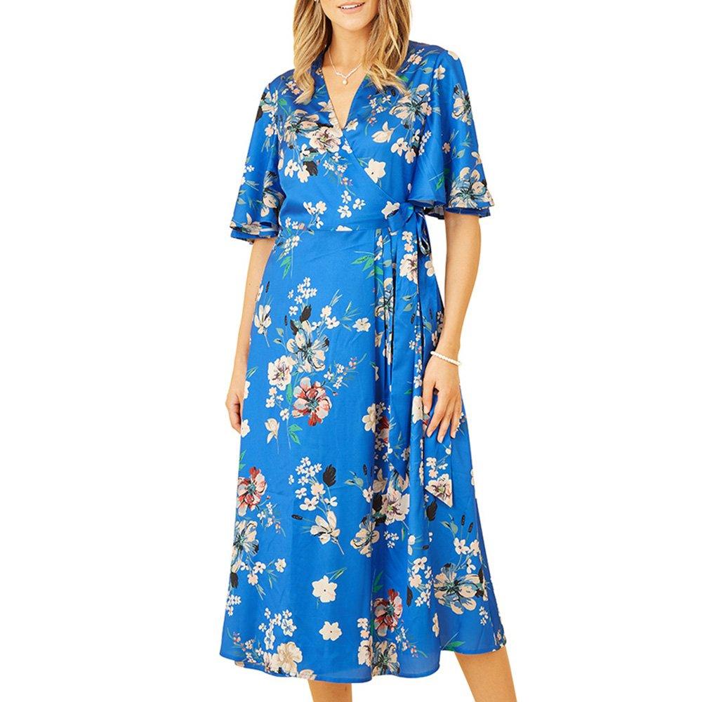Blue Satin - Yumi - Women's Blue Floral Satin Wrap Dress - 3