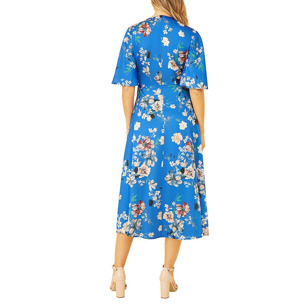 Blue Satin - Yumi - Women's Blue Floral Satin Wrap Dress - 4