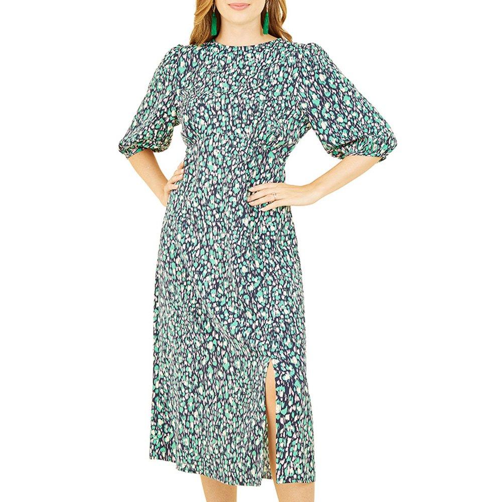 Green - Yumi - Women's Green Abstract Animal Print Midi Tea Dress - 3
