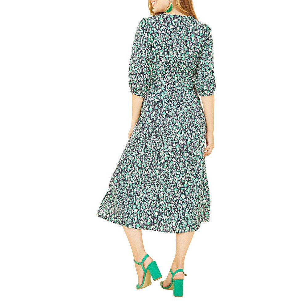 Green - Yumi - Women's Green Abstract Animal Print Midi Tea Dress - 4