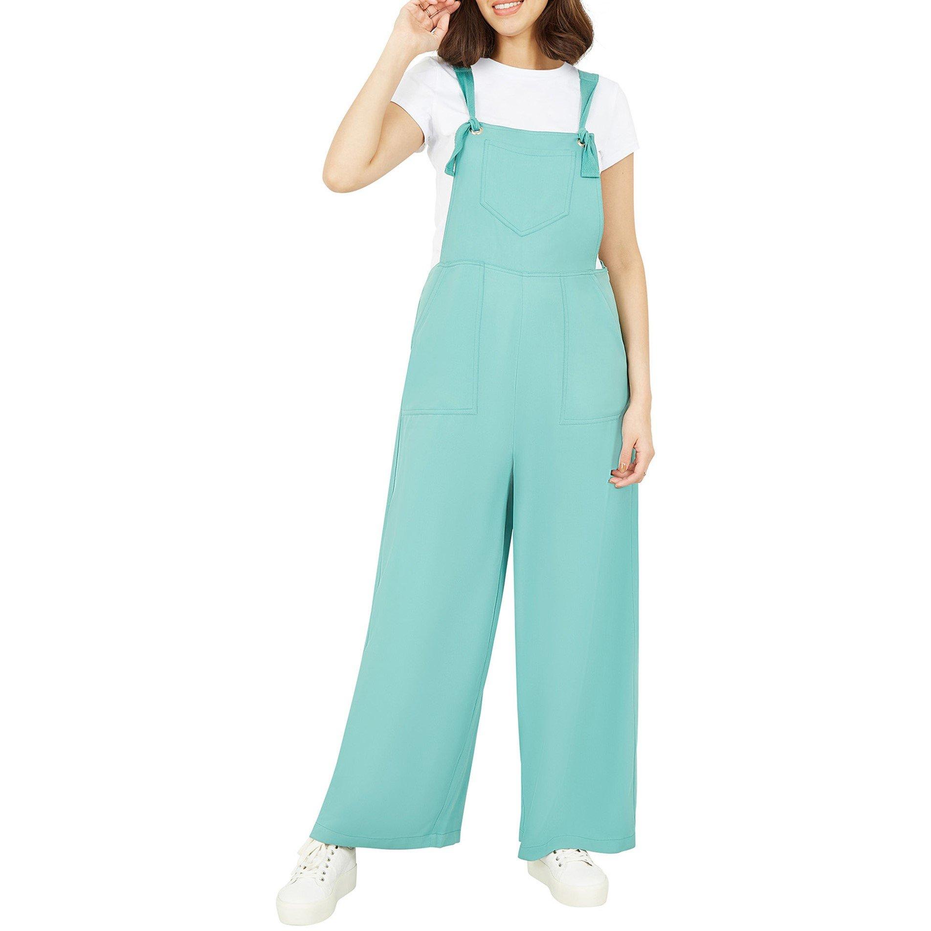 Green - Yumi - Women's Mint Green Pocket Dungarees - 2