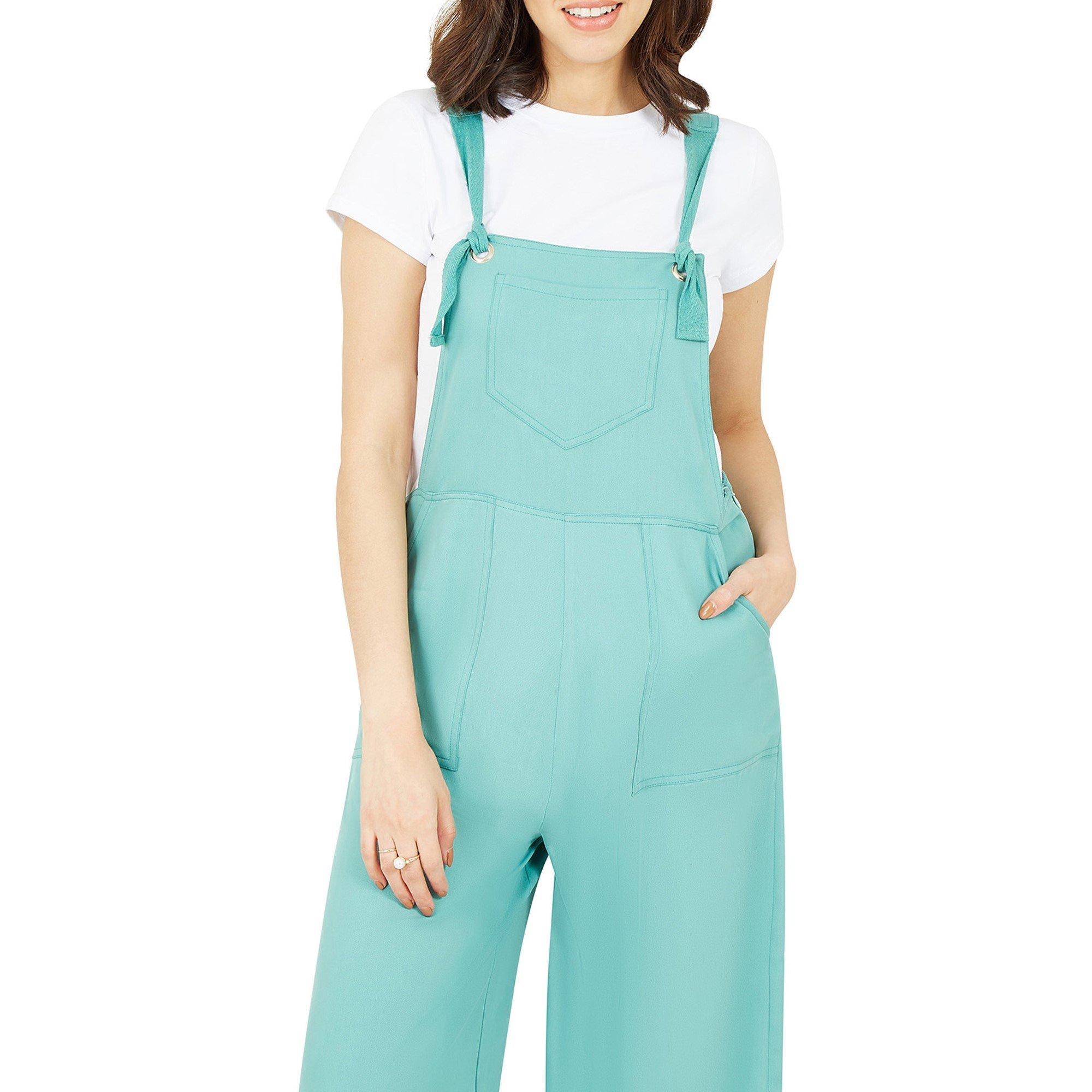 Green - Yumi - Women's Mint Green Pocket Dungarees - 3