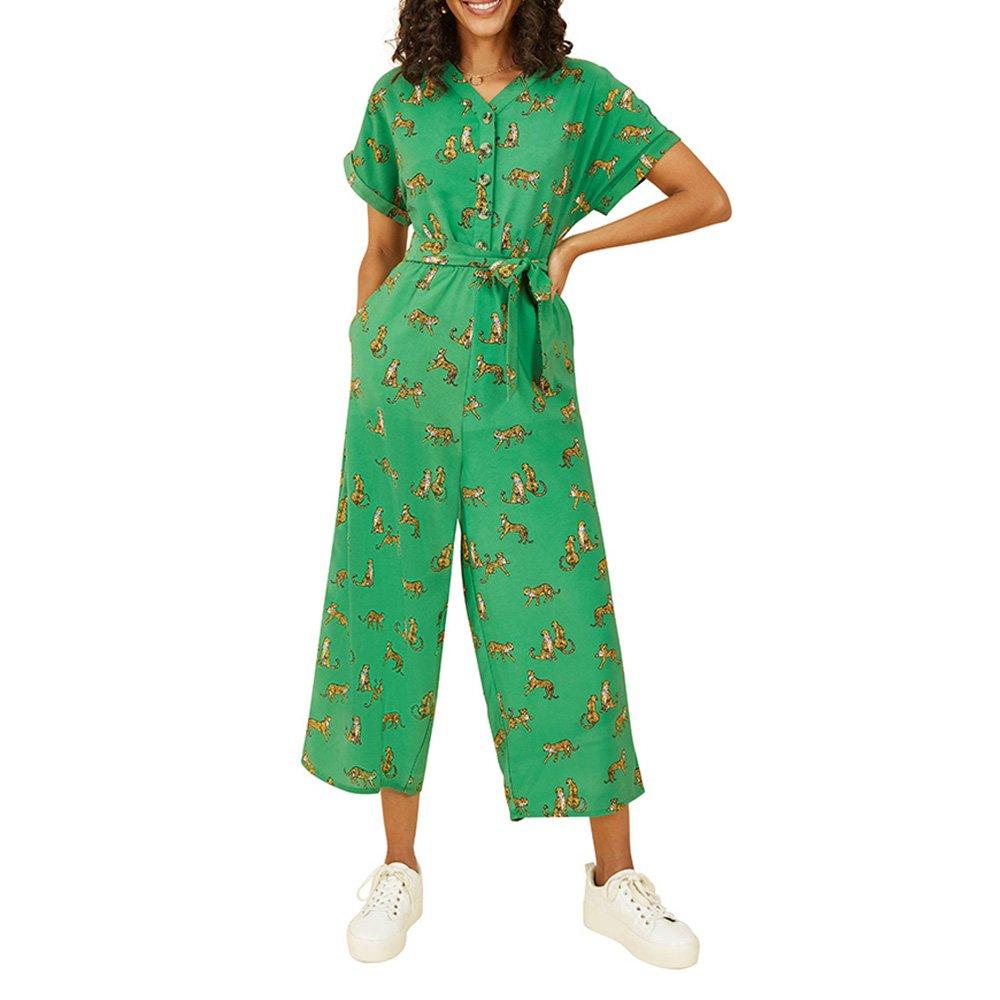 Green - Yumi - Women's Green Cheetah Print Jumpsuit - 2