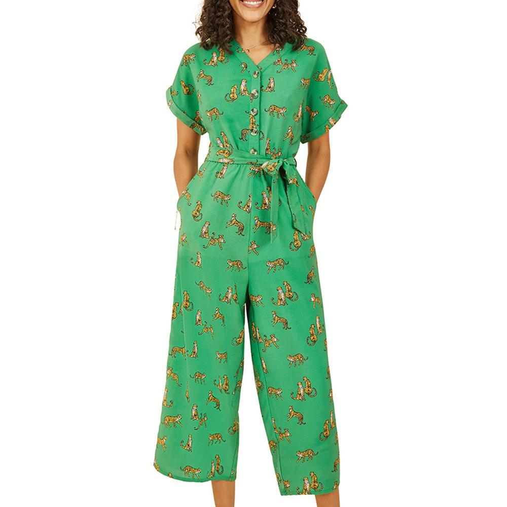 Green - Yumi - Women's Green Cheetah Print Jumpsuit - 3