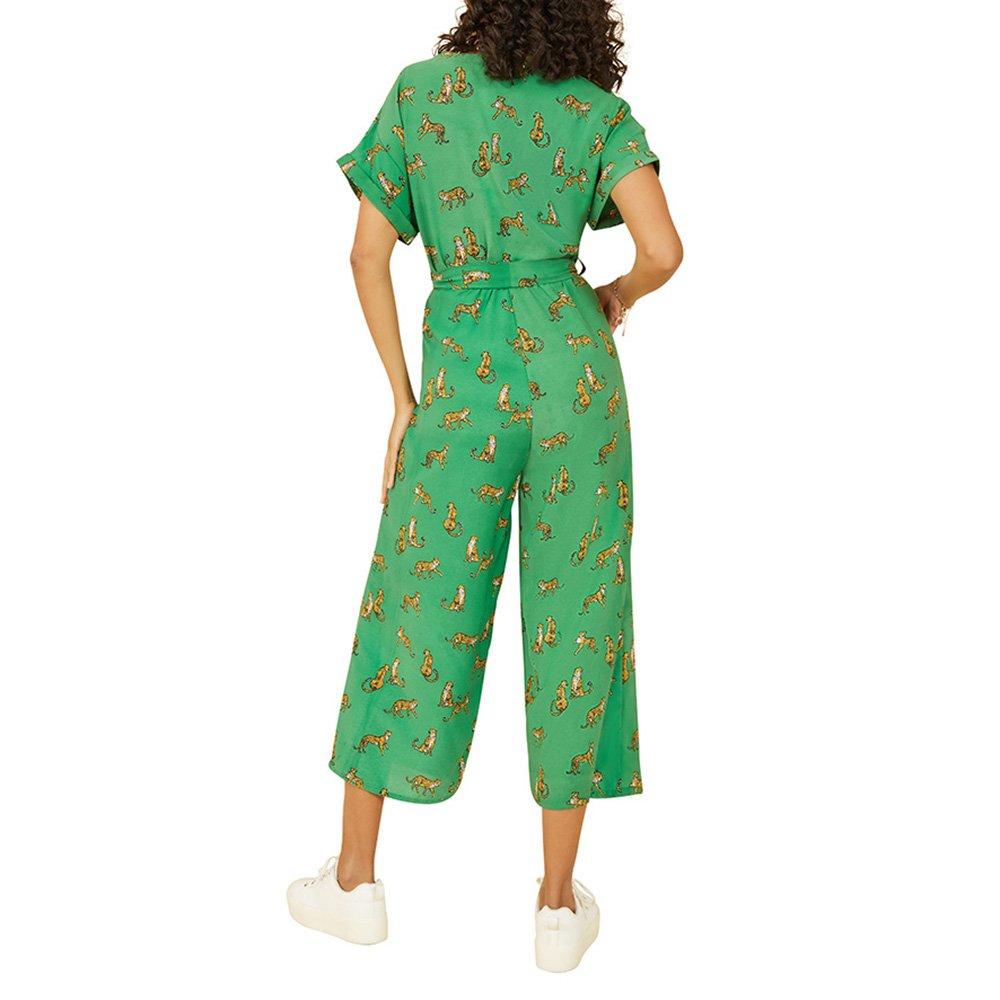 Green - Yumi - Women's Green Cheetah Print Jumpsuit - 4